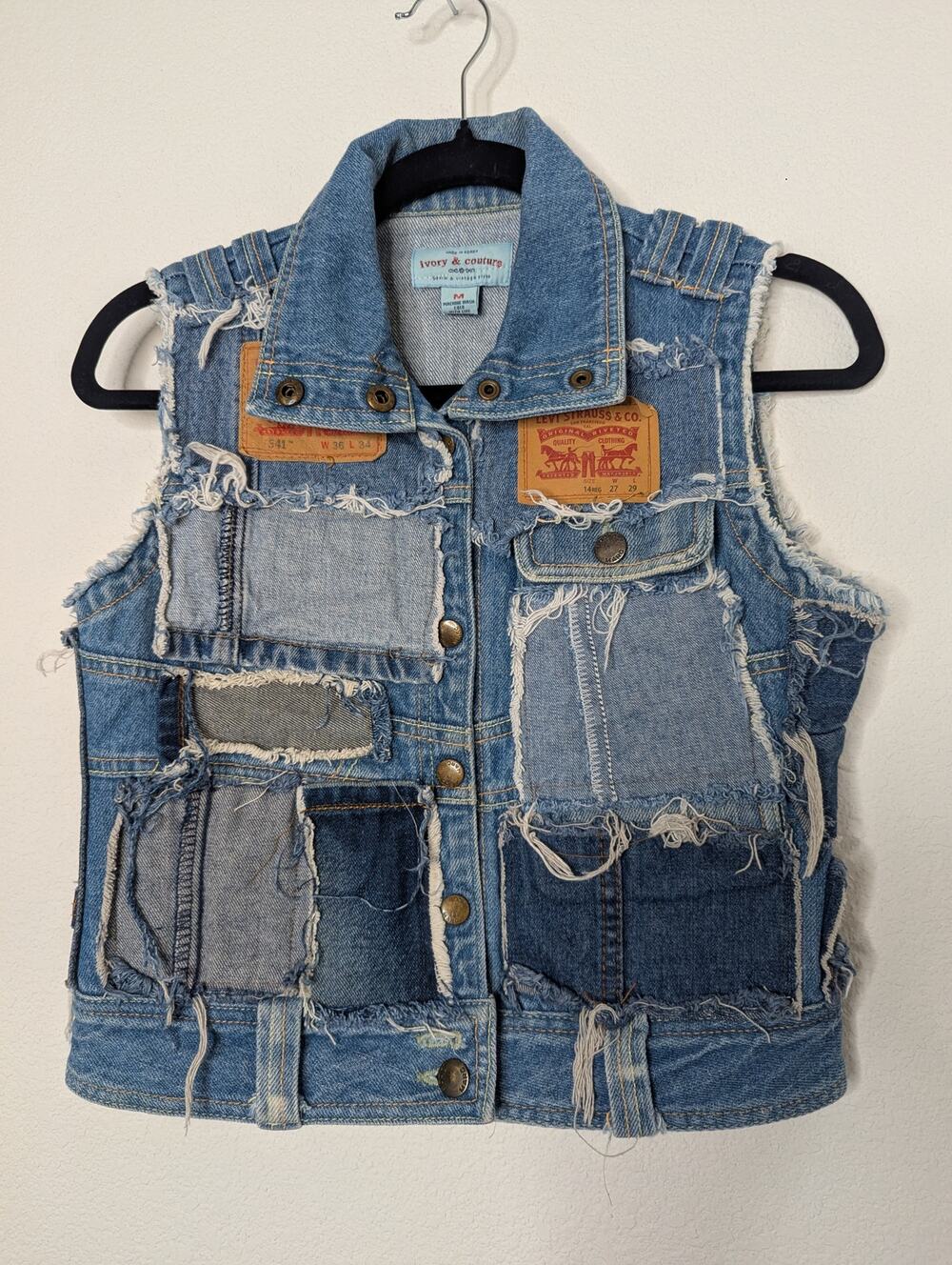 Ivory & Couture Levi's Unique Denim Patchwork Biker Vest M Y2K Moto Travel Chic